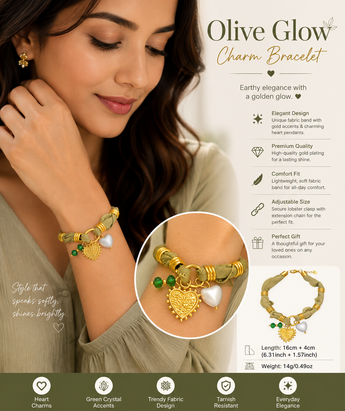 Olive Glow Charm Bracelet
